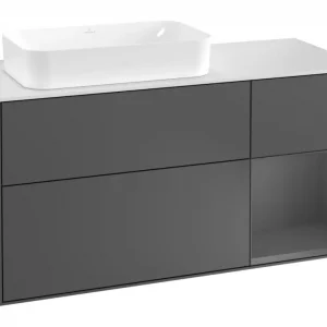 Aktuell Villeroy & Boch Finion Waschbeckenunterschrank für Becken links Regal rechts für Finion 3 Auszüge mit Beleuchtung (3x LED) 1200 x 603 x 501 mm - Anthracite Matt Lacquer / Glass White Matt
