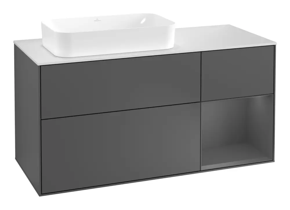 Aktuell Villeroy & Boch Finion Waschbeckenunterschrank für Becken links Regal rechts für Finion 3 Auszüge mit Beleuchtung (3x LED) 1200 x 603 x 501 mm - Anthracite Matt Lacquer / Glass White Matt