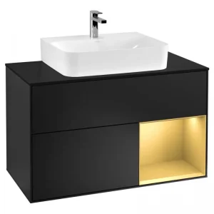 Zertifiziert Villeroy & Boch Finion Waschbeckenunterschrank für Becken mittig Regal rechts für Finion / Memento 2.0 2 Auszüge mit Beleuchtung (1x LED) 1000 x 603 x 501 mm - Black Matt Lacquer / Gold Matt Lacquer / Glass Black Matt