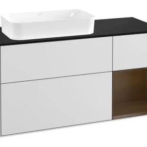 Aktuell Villeroy & Boch Finion Waschbeckenunterschrank für Becken links Regal rechts für Finion 3 Auszüge mit Beleuchtung (3x LED) 1200 x 603 x 501 mm - White Matt Lacquer / Walnut Veneer / Glass Black Matt