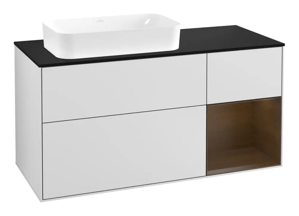 Aktuell Villeroy & Boch Finion Waschbeckenunterschrank für Becken links Regal rechts für Finion 3 Auszüge mit Beleuchtung (3x LED) 1200 x 603 x 501 mm - White Matt Lacquer / Walnut Veneer / Glass Black Matt