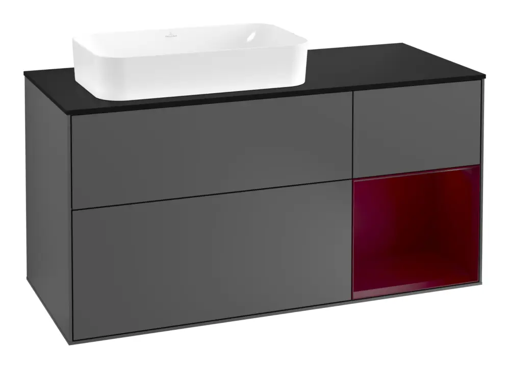 Villeroy & Boch Finion Waschbeckenunterschrank für Becken links Regal rechts für Finion 3 Auszüge mit Beleuchtung (3x LED) 1200 x 603 x 501 mm - Anthracite Matt Lacquer / Peony Matt Lacquer / Glass Black Matt Preis Gesenkt