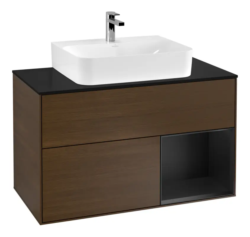 Neue Kollektion Villeroy & Boch Finion Waschbeckenunterschrank für Becken mittig Regal rechts für Finion / Memento 2.0 2 Auszüge mit Beleuchtung (1x LED) 1000 x 603 x 501 mm - Walnut Veneer / Black Matt Lacquer / Glass Black Matt