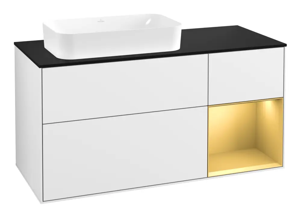 Billig Villeroy & Boch Finion Waschbeckenunterschrank für Becken links Regal rechts für Finion 3 Auszüge mit Beleuchtung (3x LED) 1200 x 603 x 501 mm - Glossy White Lacquer / Gold Matt Lacquer / Glass Black Matt