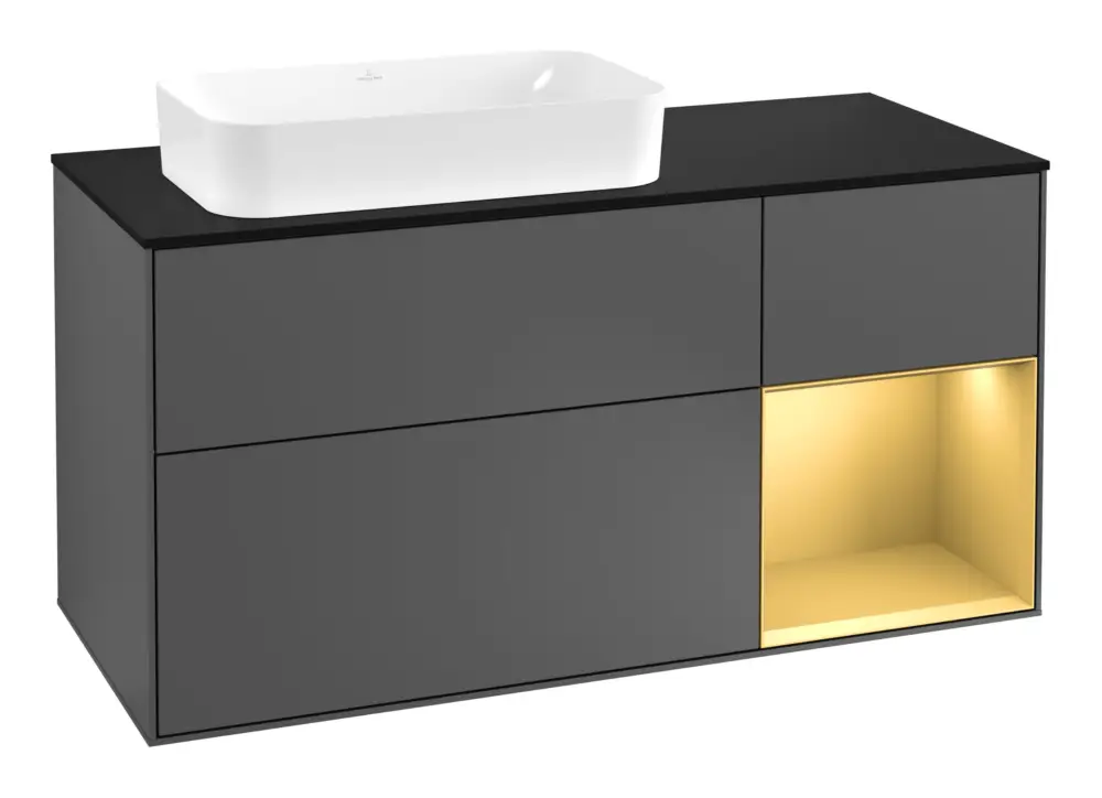Billig Villeroy & Boch Finion Waschbeckenunterschrank für Becken links Regal rechts für Finion 3 Auszüge mit Beleuchtung (3x LED) 1200 x 603 x 501 mm - Anthracite Matt Lacquer / Gold Matt Lacquer / Glass Black Matt