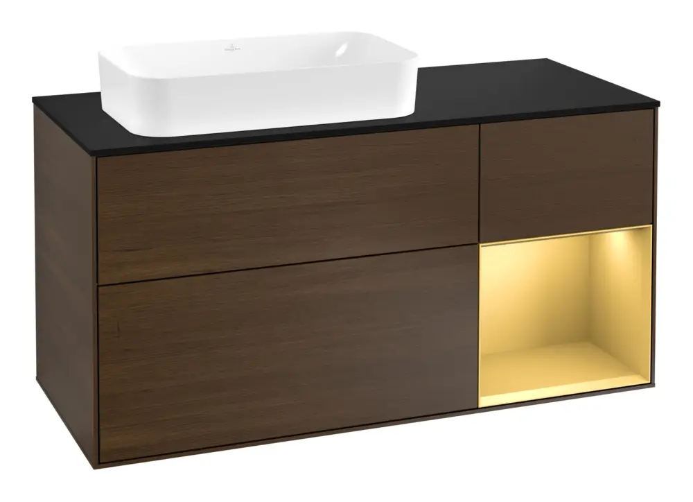 Villeroy & Boch Finion Waschbeckenunterschrank für Becken links Regal rechts für Finion 3 Auszüge mit Beleuchtung (3x LED) 1200 x 603 x 501 mm - Walnut Veneer / Gold Matt Lacquer / Glass Black Matt Letzte Chance