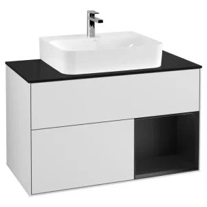 Zertifiziert Villeroy & Boch Finion Waschbeckenunterschrank für Becken mittig Regal rechts für Finion / Memento 2.0 2 Auszüge mit Beleuchtung (1x LED) 1000 x 603 x 501 mm - White Matt Lacquer / Black Matt Lacquer / Glass Black Matt