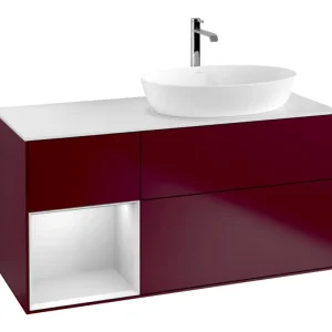 Villeroy & Boch Finion Waschbeckenunterschrank für Becken rechts Regal rechts für Artis / Collaro eckig 3 Auszüge mit Beleuchtung (3x LED) 1200 x 603 x 501 mm - Peony Matt Lacquer / White Matt Lacquer / Glass White Matt Sichere Zahlung