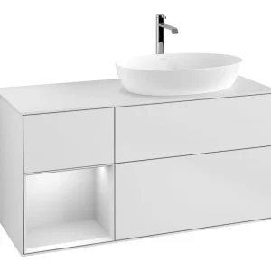 Jetzt Bestellen Villeroy & Boch Finion Waschbeckenunterschrank für Becken rechts Regal rechts für Artis / Collaro eckig 3 Auszüge mit Beleuchtung (3x LED) 1200 x 603 x 501 mm - White Matt Lacquer / Glass White Matt