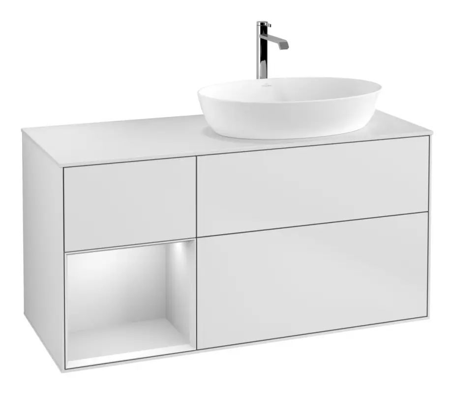 Jetzt Bestellen Villeroy & Boch Finion Waschbeckenunterschrank für Becken rechts Regal rechts für Artis / Collaro eckig 3 Auszüge mit Beleuchtung (3x LED) 1200 x 603 x 501 mm - White Matt Lacquer / Glass White Matt