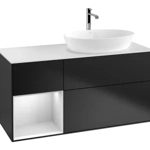 Villeroy & Boch Finion Waschbeckenunterschrank für Becken rechts Regal rechts für Artis / Collaro eckig 3 Auszüge mit Beleuchtung (3x LED) 1200 x 603 x 501 mm - Black Matt Lacquer / White Matt Lacquer / Glass White Matt Neue Kollektion