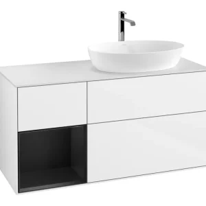 Villeroy & Boch Finion Waschbeckenunterschrank für Becken rechts Regal rechts für Artis / Collaro eckig 3 Auszüge mit Beleuchtung (3x LED) 1200 x 603 x 501 mm - Glossy White Lacquer / Black Matt Lacquer / Glass White Matt Aktuell