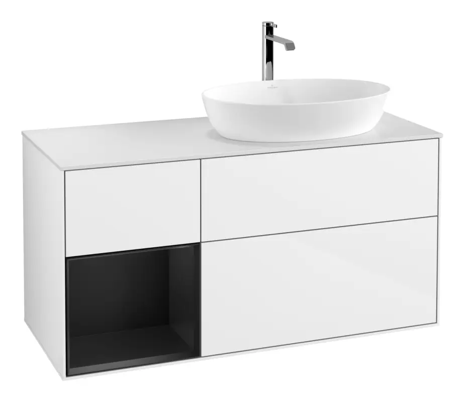 Villeroy & Boch Finion Waschbeckenunterschrank für Becken rechts Regal rechts für Artis / Collaro eckig 3 Auszüge mit Beleuchtung (3x LED) 1200 x 603 x 501 mm - Glossy White Lacquer / Black Matt Lacquer / Glass White Matt Aktuell