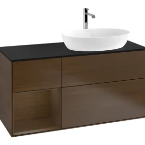 Zertifiziert Villeroy & Boch Finion Waschbeckenunterschrank für Becken rechts Regal rechts für Artis / Collaro eckig 3 Auszüge mit Beleuchtung (3x LED) 1200 x 603 x 501 mm - Walnut Veneer / Glass Black Matt