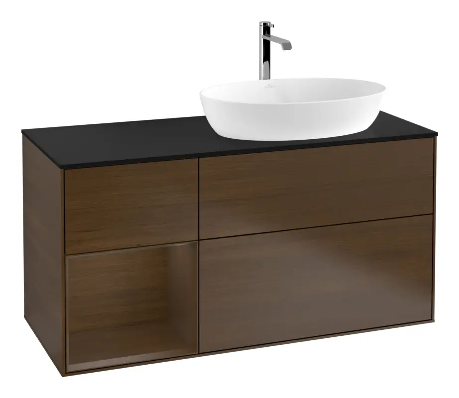 Zertifiziert Villeroy & Boch Finion Waschbeckenunterschrank für Becken rechts Regal rechts für Artis / Collaro eckig 3 Auszüge mit Beleuchtung (3x LED) 1200 x 603 x 501 mm - Walnut Veneer / Glass Black Matt