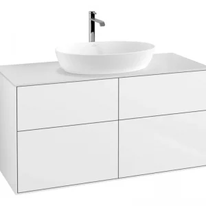Aktuell Villeroy & Boch Finion Waschbeckenunterschrank für Becken mittig ohne Regal für Artis / Collaro eckig 4 Auszüge mit Beleuchtung (2x LED) 1200 x 603 x 501 mm - Glossy White Lacquer / Glass White Matt