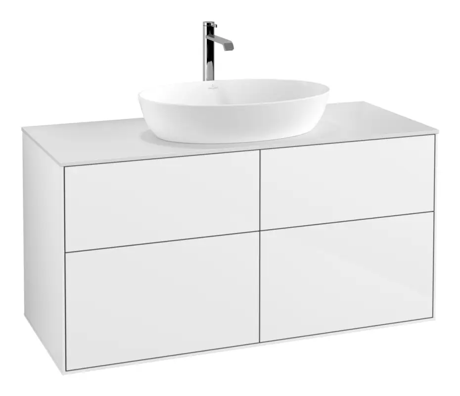 Aktuell Villeroy & Boch Finion Waschbeckenunterschrank für Becken mittig ohne Regal für Artis / Collaro eckig 4 Auszüge mit Beleuchtung (2x LED) 1200 x 603 x 501 mm - Glossy White Lacquer / Glass White Matt
