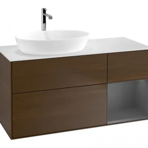 Abverkauf Villeroy & Boch Finion Waschbeckenunterschrank für Becken links Regal rechts für Artis / Collaro eckig 3 Auszüge mit Beleuchtung (3x LED) 1200 x 603 x 501 mm - Walnut Veneer / Anthracite Matt Lacquer / Glass White Matt