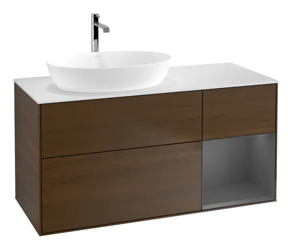 Abverkauf Villeroy & Boch Finion Waschbeckenunterschrank für Becken links Regal rechts für Artis / Collaro eckig 3 Auszüge mit Beleuchtung (3x LED) 1200 x 603 x 501 mm - Walnut Veneer / Anthracite Matt Lacquer / Glass White Matt