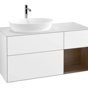 Ausverkauf Villeroy & Boch Finion Waschbeckenunterschrank für Becken links Regal rechts für Artis / Collaro eckig 3 Auszüge mit Beleuchtung (3x LED) 1200 x 603 x 501 mm - Glossy White Lacquer / Walnut Veneer / Glass White Matt