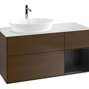 Aktuell Villeroy & Boch Finion Waschbeckenunterschrank für Becken links Regal rechts für Artis / Collaro eckig 3 Auszüge mit Beleuchtung (3x LED) 1200 x 603 x 501 mm - Walnut Veneer / Black Matt Lacquer / Glass White Matt