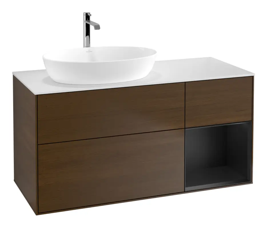 Aktuell Villeroy & Boch Finion Waschbeckenunterschrank für Becken links Regal rechts für Artis / Collaro eckig 3 Auszüge mit Beleuchtung (3x LED) 1200 x 603 x 501 mm - Walnut Veneer / Black Matt Lacquer / Glass White Matt
