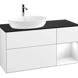 Angebot Villeroy & Boch Finion Waschbeckenunterschrank für Becken links Regal rechts für Artis / Collaro eckig 3 Auszüge mit Beleuchtung (3x LED) 1200 x 603 x 501 mm - Glossy White Lacquer / Glass Black Matt