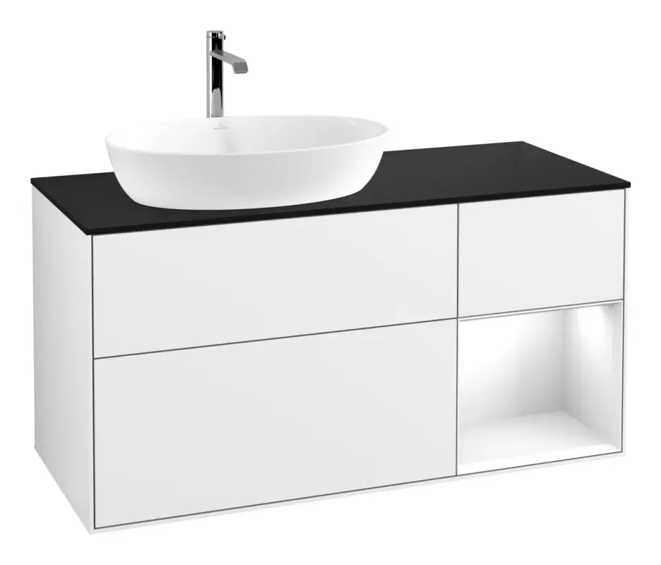 Angebot Villeroy & Boch Finion Waschbeckenunterschrank für Becken links Regal rechts für Artis / Collaro eckig 3 Auszüge mit Beleuchtung (3x LED) 1200 x 603 x 501 mm - Glossy White Lacquer / Glass Black Matt