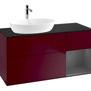 Angebot Villeroy & Boch Finion Waschbeckenunterschrank für Becken links Regal rechts für Artis / Collaro eckig 3 Auszüge mit Beleuchtung (3x LED) 1200 x 603 x 501 mm - Peony Matt Lacquer / Anthracite Matt Lacquer / Glass Black Matt