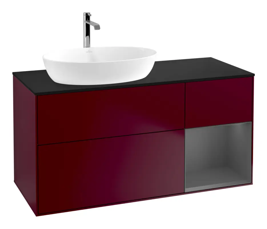 Angebot Villeroy & Boch Finion Waschbeckenunterschrank für Becken links Regal rechts für Artis / Collaro eckig 3 Auszüge mit Beleuchtung (3x LED) 1200 x 603 x 501 mm - Peony Matt Lacquer / Anthracite Matt Lacquer / Glass Black Matt