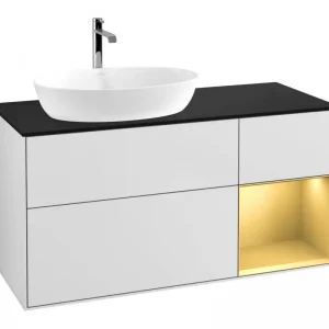 Aktuell Villeroy & Boch Finion Waschbeckenunterschrank für Becken links Regal rechts für Artis / Collaro eckig 3 Auszüge mit Beleuchtung (3x LED) 1200 x 603 x 501 mm - White Matt Lacquer / Gold Matt Lacquer / Glass Black Matt