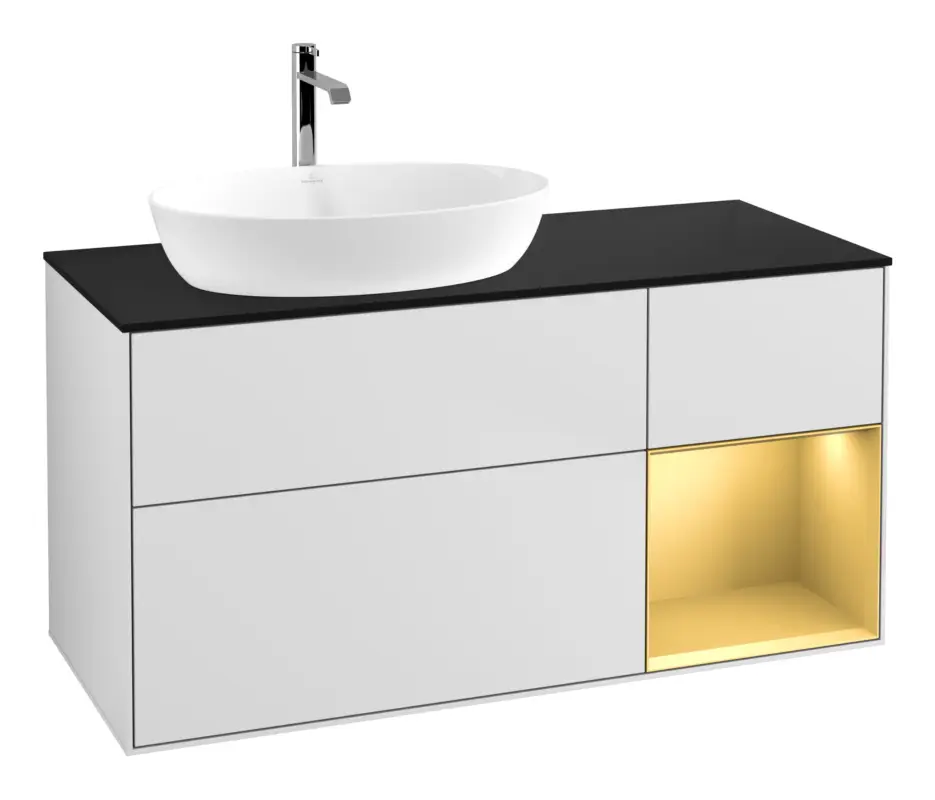 Aktuell Villeroy & Boch Finion Waschbeckenunterschrank für Becken links Regal rechts für Artis / Collaro eckig 3 Auszüge mit Beleuchtung (3x LED) 1200 x 603 x 501 mm - White Matt Lacquer / Gold Matt Lacquer / Glass Black Matt