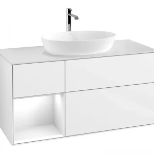 Abverkauf Villeroy & Boch Finion Waschbeckenunterschrank für Becken mittig Regal links für Artis / Collaro eckig 3 Auszüge mit Beleuchtung (3x LED) 1200 x 603 x 501 mm - Glossy White Lacquer / Glass White Matt