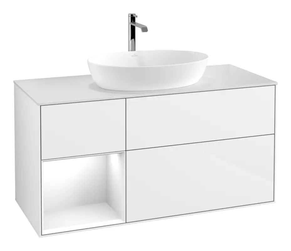 Abverkauf Villeroy & Boch Finion Waschbeckenunterschrank für Becken mittig Regal links für Artis / Collaro eckig 3 Auszüge mit Beleuchtung (3x LED) 1200 x 603 x 501 mm - Glossy White Lacquer / Glass White Matt