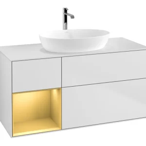Angebot Villeroy & Boch Finion Waschbeckenunterschrank für Becken mittig Regal links für Artis / Collaro eckig 3 Auszüge mit Beleuchtung (3x LED) 1200 x 603 x 501 mm - White Matt Lacquer / Gold Matt Lacquer / Glass White Matt