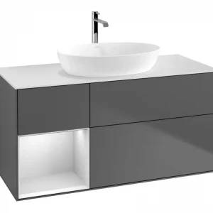 Abverkauf Villeroy & Boch Finion Waschbeckenunterschrank für Becken mittig Regal links für Artis / Collaro eckig 3 Auszüge mit Beleuchtung (3x LED) 1200 x 603 x 501 mm - Anthracite Matt Lacquer / White Matt Lacquer / Glass White Matt