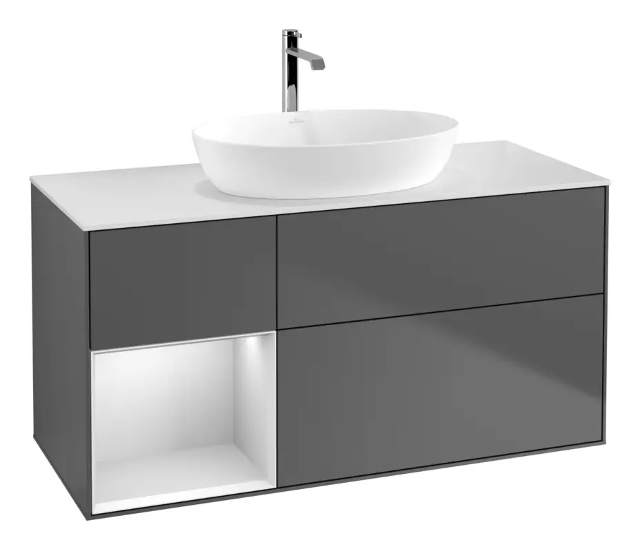 Abverkauf Villeroy & Boch Finion Waschbeckenunterschrank für Becken mittig Regal links für Artis / Collaro eckig 3 Auszüge mit Beleuchtung (3x LED) 1200 x 603 x 501 mm - Anthracite Matt Lacquer / White Matt Lacquer / Glass White Matt