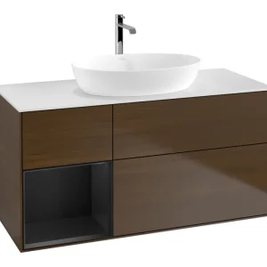 Angebot Villeroy & Boch Finion Waschbeckenunterschrank für Becken mittig Regal links für Artis / Collaro eckig 3 Auszüge mit Beleuchtung (3x LED) 1200 x 603 x 501 mm - Walnut Veneer / Black Matt Lacquer / Glass White Matt