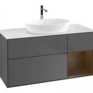 Abverkauf Villeroy & Boch Finion Waschbeckenunterschrank für Becken mittig Regal rechts für Artis / Collaro eckig 3 Auszüge mit Beleuchtung (1x LED) 1200 x 603 x 501 mm - Anthracite Matt Lacquer / Walnut Veneer / Glass White Matt