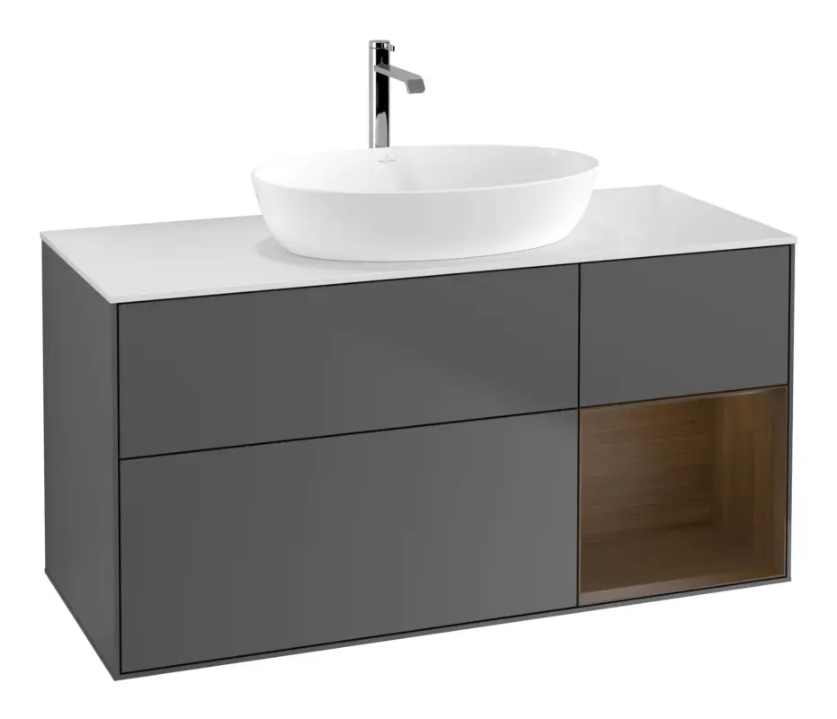 Abverkauf Villeroy & Boch Finion Waschbeckenunterschrank für Becken mittig Regal rechts für Artis / Collaro eckig 3 Auszüge mit Beleuchtung (1x LED) 1200 x 603 x 501 mm - Anthracite Matt Lacquer / Walnut Veneer / Glass White Matt