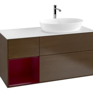 Zertifiziert Villeroy & Boch Finion Waschbeckenunterschrank für Becken rechts Regal rechts für Artis / Collaro 3 Auszüge mit Beleuchtung (1x LED) mit Hahnloch 1200 x 603 x 501 mm - Walnut Veneer / Peony Matt Lacquer / Glass White Matt