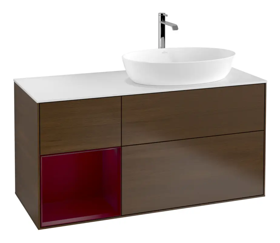 Zertifiziert Villeroy & Boch Finion Waschbeckenunterschrank für Becken rechts Regal rechts für Artis / Collaro 3 Auszüge mit Beleuchtung (1x LED) mit Hahnloch 1200 x 603 x 501 mm - Walnut Veneer / Peony Matt Lacquer / Glass White Matt