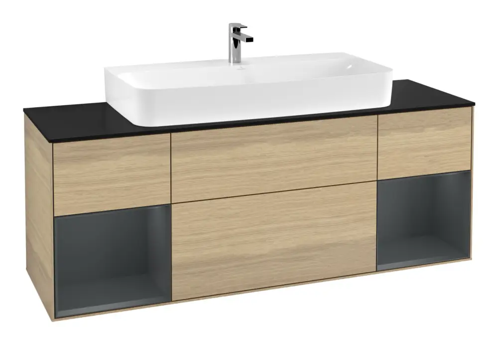 Ausverkauf Villeroy & Boch Finion Waschbeckenunterschrank für Becken mittig für Finion / Memento 2.0 4 Auszüge mit Beleuchtung (2x LED) 1600 x 603 x 501 mm - Oak Veneer / Midnight Blue Matt Lacquer / Glass Black Matt