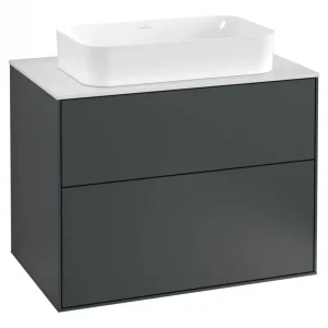Abverkauf Villeroy & Boch Finion Waschbeckenunterschrank für Becken mittig ohne Regal für Finion 2 Auszüge mit Hahnloch 800 x 603 x 501 mm - Midnight Blue Matt Lacquer / Glass White Matt