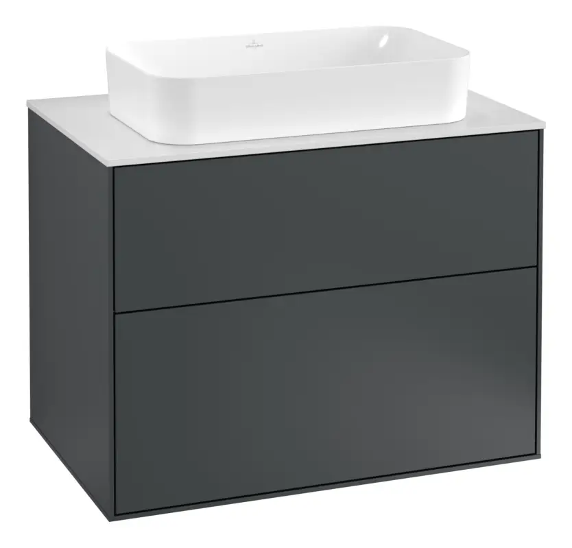 Abverkauf Villeroy & Boch Finion Waschbeckenunterschrank für Becken mittig ohne Regal für Finion 2 Auszüge mit Hahnloch 800 x 603 x 501 mm - Midnight Blue Matt Lacquer / Glass White Matt