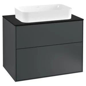 Angebot Villeroy & Boch Finion Waschbeckenunterschrank für Becken mittig ohne Regal für Finion 2 Auszüge mit Hahnloch 800 x 603 x 501 mm - Midnight Blue Matt Lacquer / Glass Black Matt