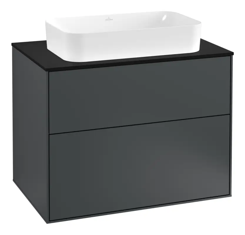 Angebot Villeroy & Boch Finion Waschbeckenunterschrank für Becken mittig ohne Regal für Finion 2 Auszüge mit Hahnloch 800 x 603 x 501 mm - Midnight Blue Matt Lacquer / Glass Black Matt