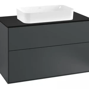 Abverkauf Villeroy & Boch Finion Waschbeckenunterschrank für Becken mittig ohne Regal für Finion 2 Auszüge mit Hahnloch 1000 x 603 x 501 mm - Midnight Blue Matt Lacquer / Glass Black Matt