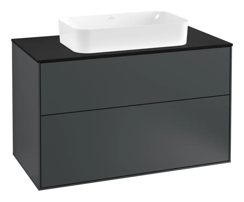 Abverkauf Villeroy & Boch Finion Waschbeckenunterschrank für Becken mittig ohne Regal für Finion 2 Auszüge mit Hahnloch 1000 x 603 x 501 mm - Midnight Blue Matt Lacquer / Glass Black Matt