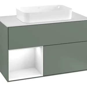 Angebot Villeroy & Boch Finion Waschbeckenunterschrank für Becken mittig Regal links für Finion 2 Auszüge mit Beleuchtung (1x LED) mit Hahnloch 1000 x 603 x 501 mm - Olive Matt Lacquer / Glossy White Lacquer / Glass White Matt